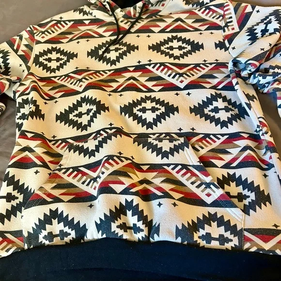 Men's Patterned Hoodie Sweater - Black, Red, Cream - Picture 3 of 9